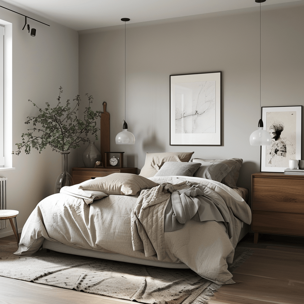 Tranquil Scandinavian bedroom that encourages relaxation and restfulness through its intentional design and carefully selected elements