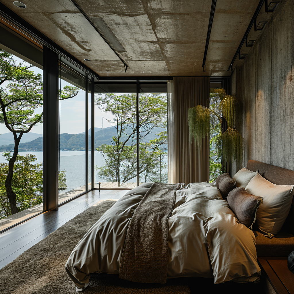 Tranquil and airy Japanese style bedroom with subtle decor.