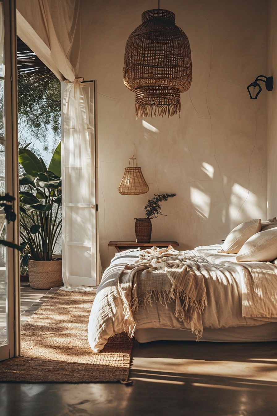 Tranquil bedroom featuring Boho-inspired wall tapestries and soft lighting