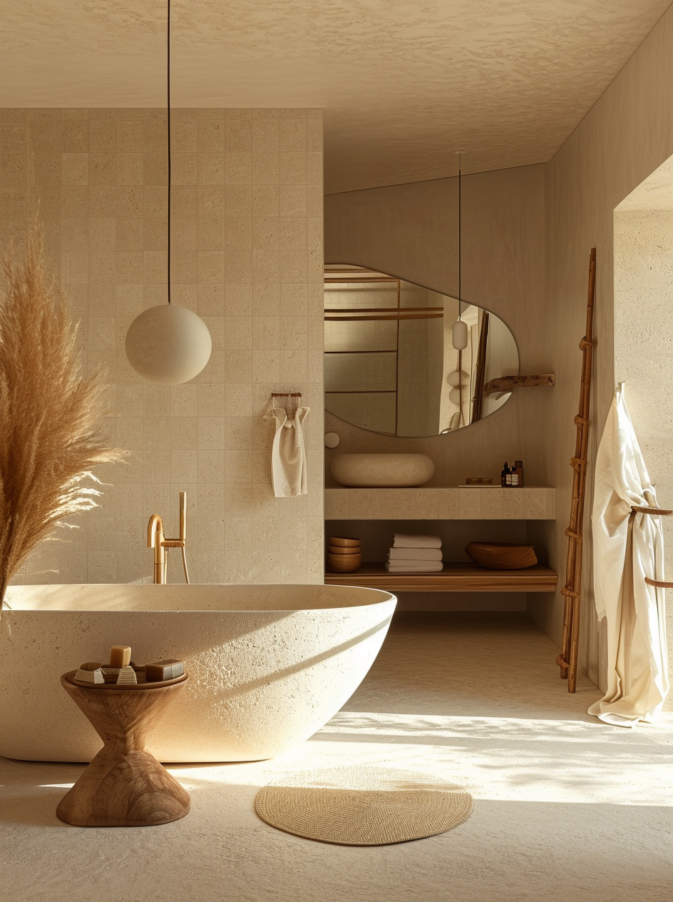 Tranquil boho bathroom with soft lighting and earthy color palette