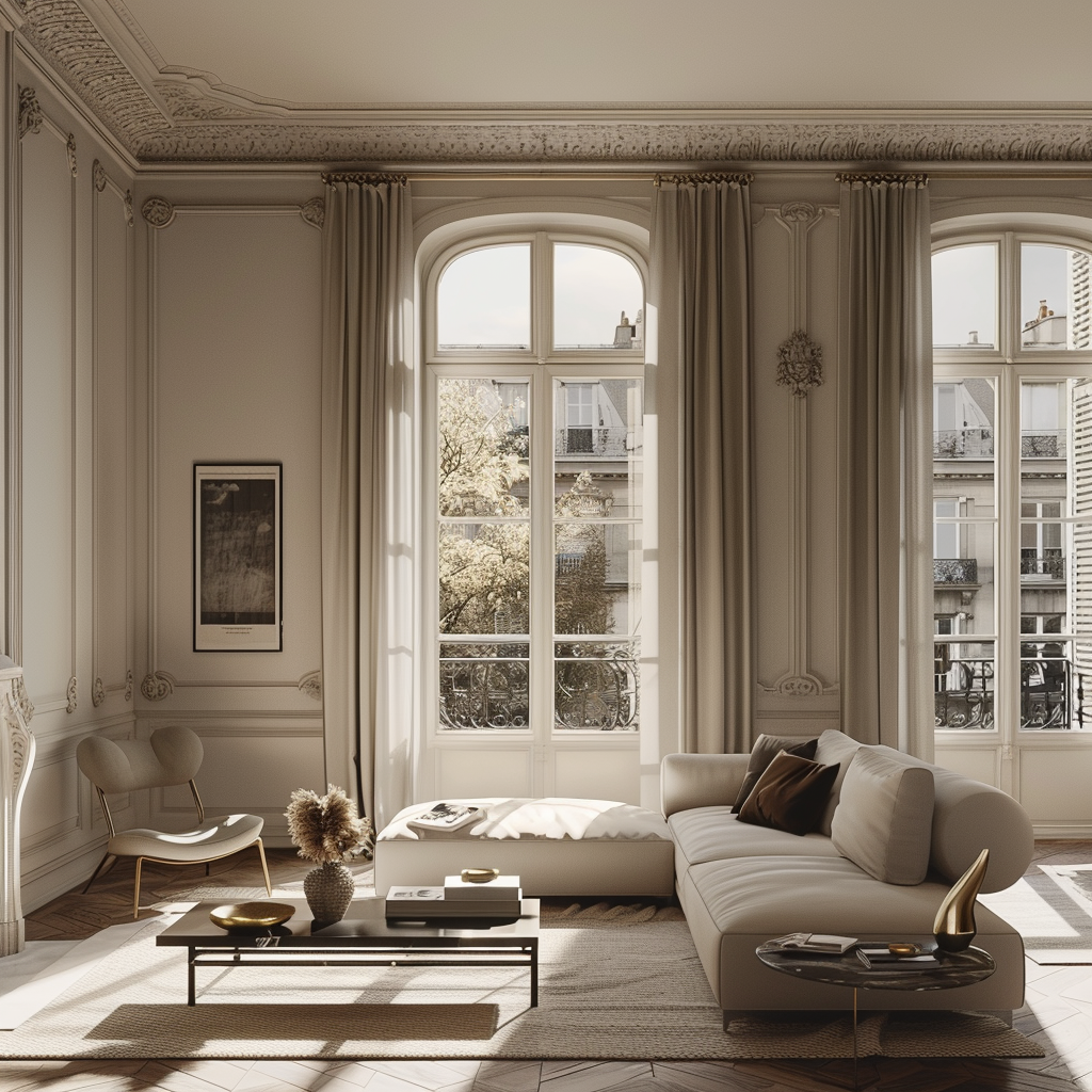 Tranquil living area in Paris featuring a soft, monochromatic color scheme, airy curtains, and simple, chic furnishings