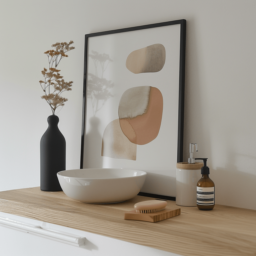 Trendy Scandinavian bathroom showcasing a minimalist line drawing print in subdued tones placed near the vanity