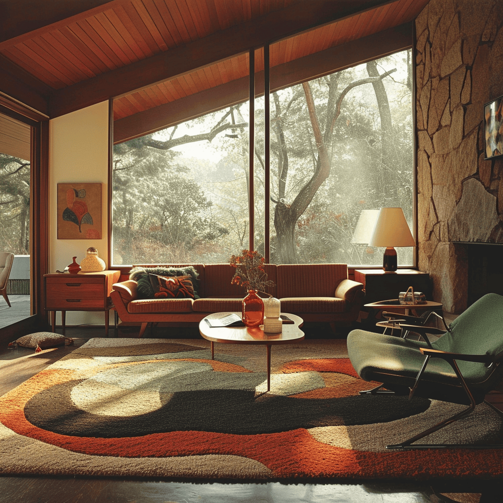 Trendy living room blending 70s decor with contemporary design sensibilities