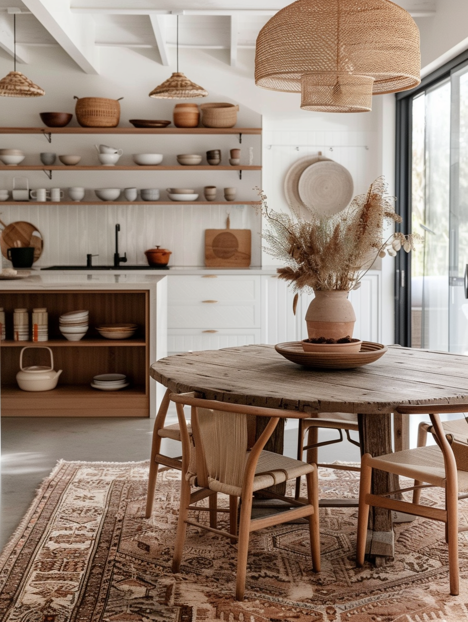 Tribal or geometric patterns enriching the decor of a modern boho dining room