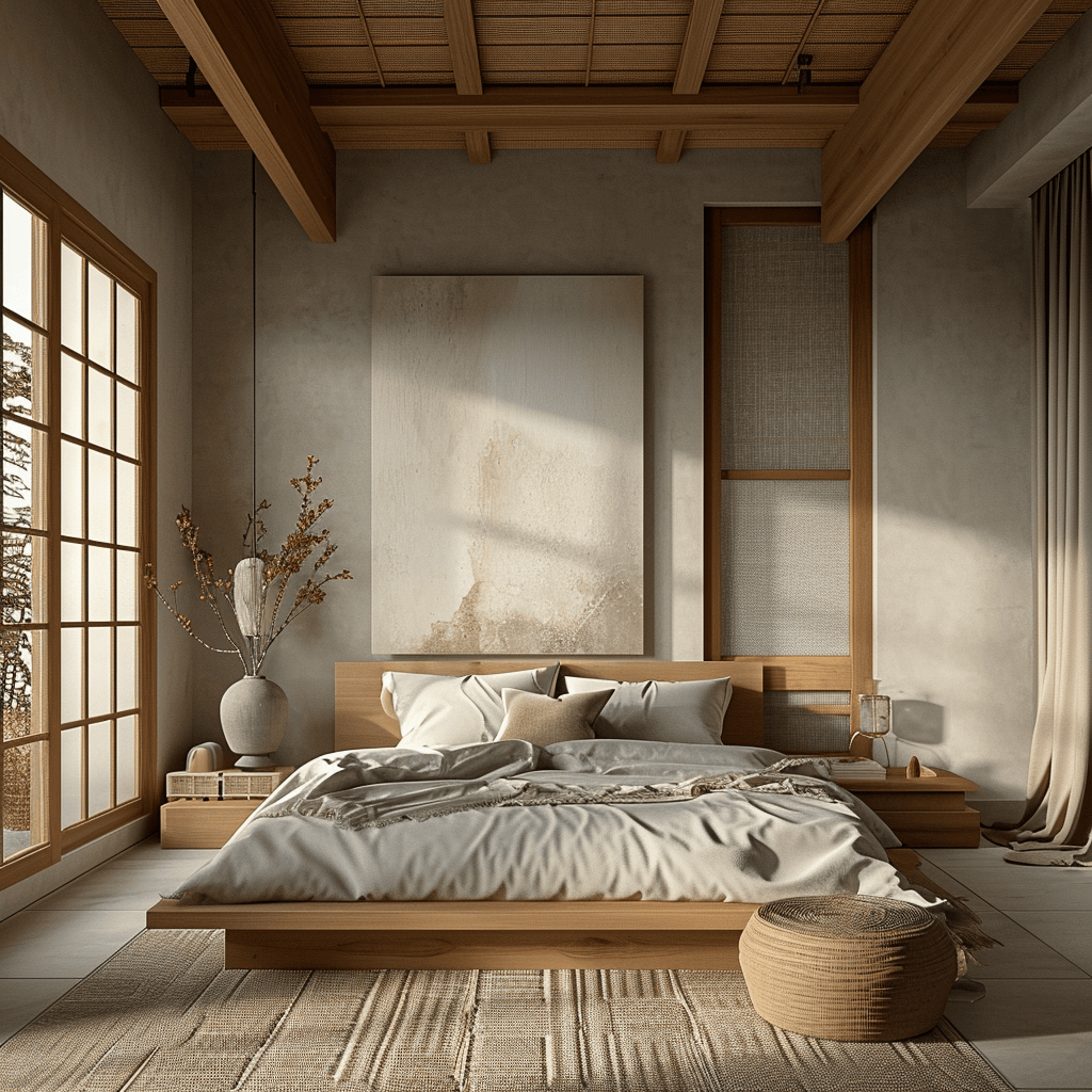 Unique Japandi bedroom with custom furniture blending Japanese and Scandinavian influences