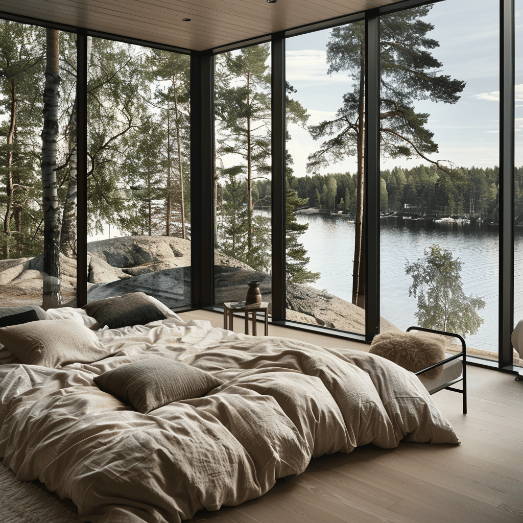 Unobstructed views in a Scandinavian bedroom, inviting the beauty of the surrounding landscape inside