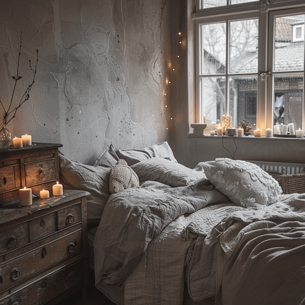Unscented or lightly scented candles in neutral colors contributing to a serene and restful vibe in a Scandinavian bedroom