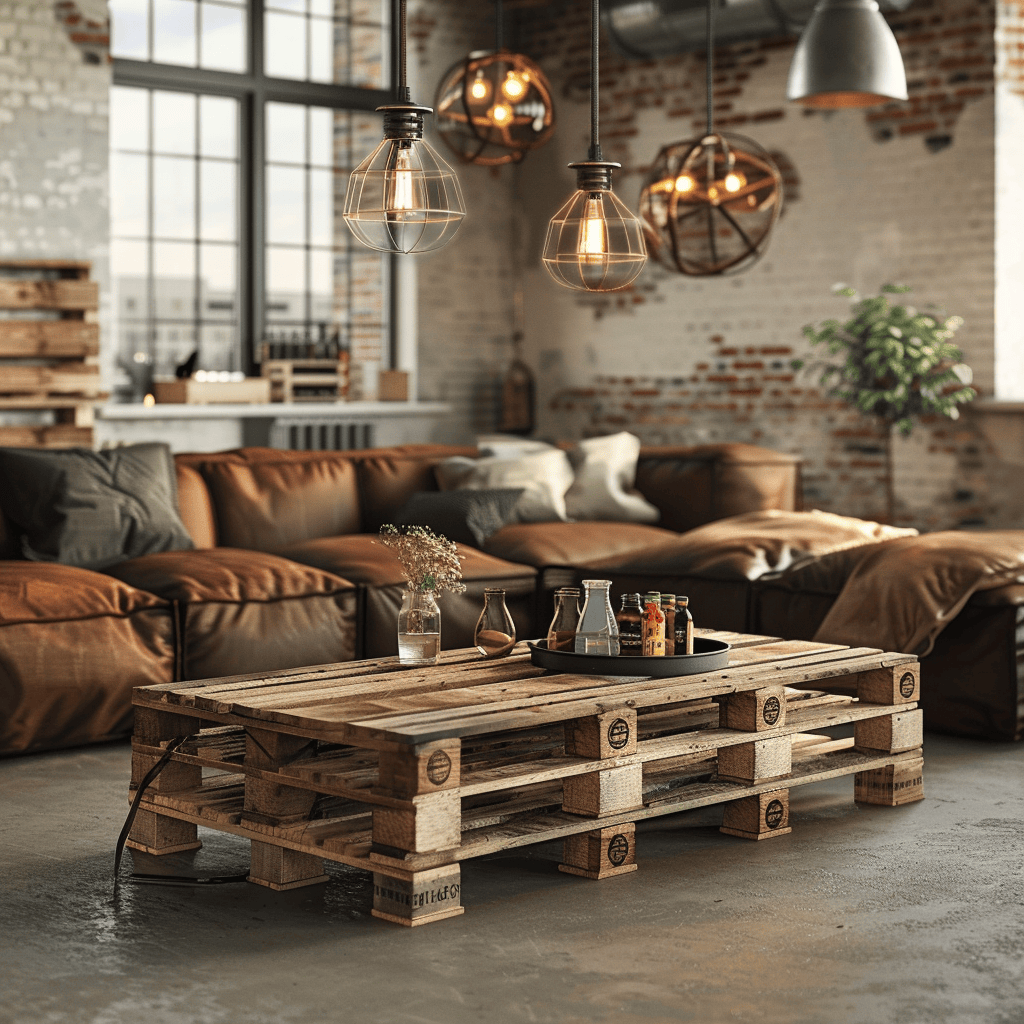 Upcycled wooden pallet furniture, such as a coffee table or sofa base, adding rustic charm to an industrial living room