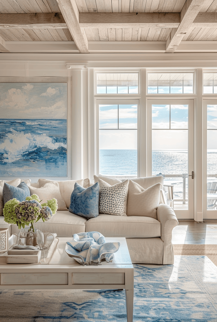 Upholstered chairs with coastal patterns in a beach house living room