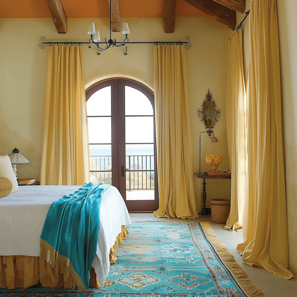 Uplifting Mediterranean bedroom showcasing soothing beige walls, a bold turquoise rug, radiant yellow curtains, and a delightfully playful and welcoming vibe