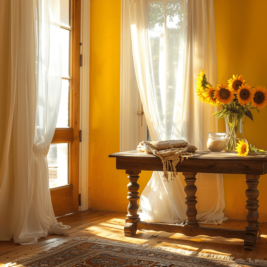 Uplifting Mediterranean sunroom showcasing golden walls, a timeworn wooden table, vibrant sunflowers, and warm, sheer window treatments