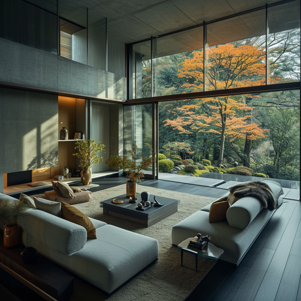 Urban Japanese-style living room with skyline view and shoji-inspired window shades.