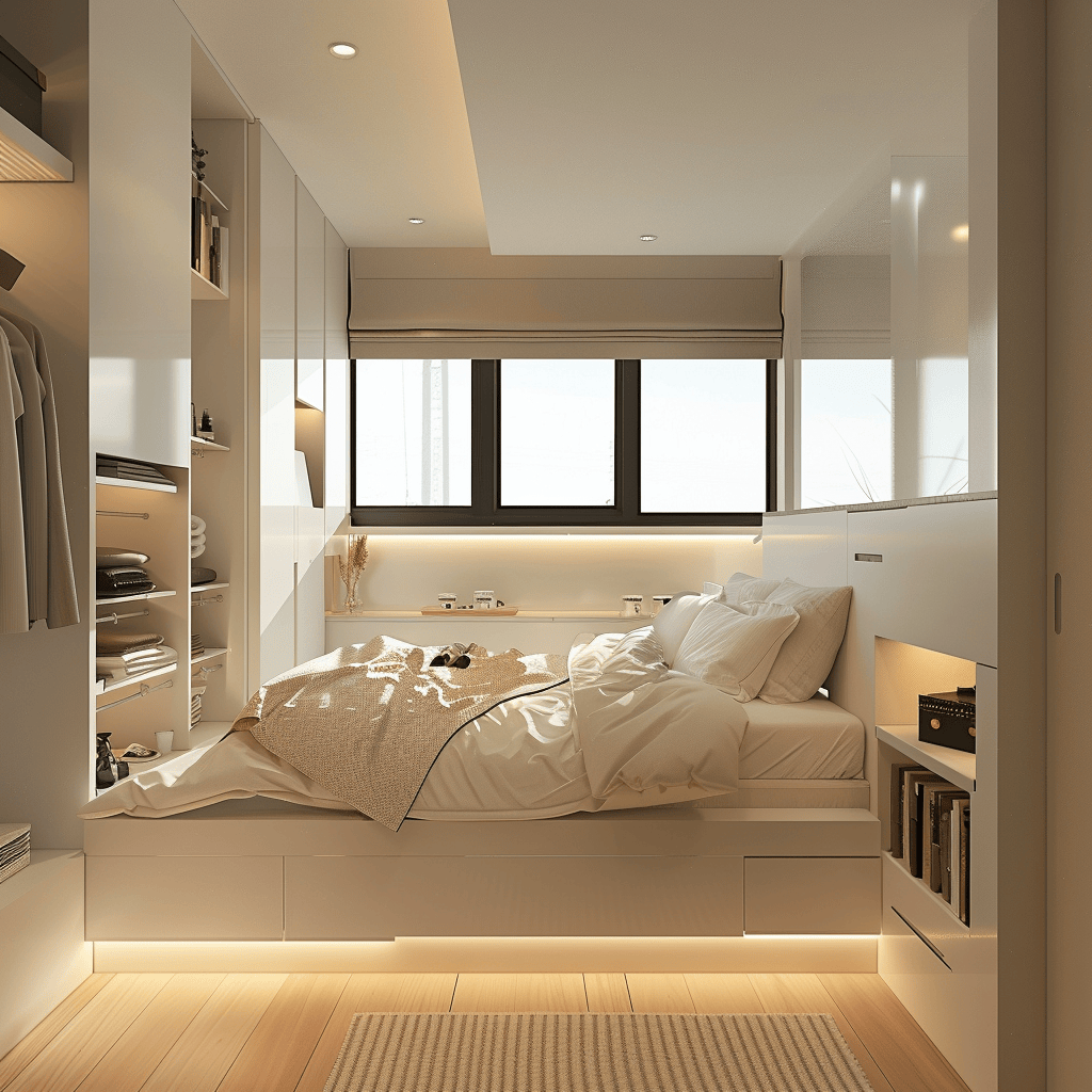 Versatile modern bedroom design featuring modular furniture hidden storage and a comfortable seating area