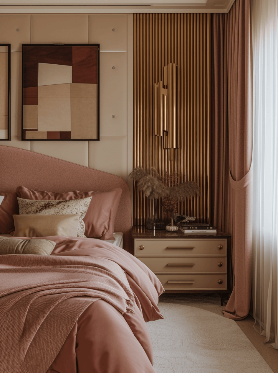 Vibrant Art Deco bedroom with classic zigzag patterns in textiles