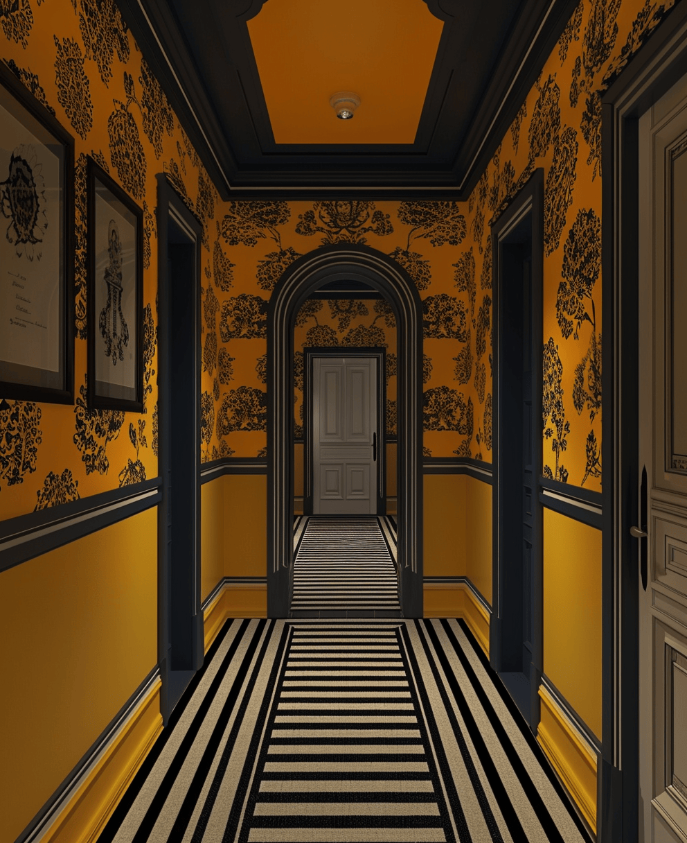 Vibrant Art Deco hallway decorated with zigzag patterns and step-designed moldings