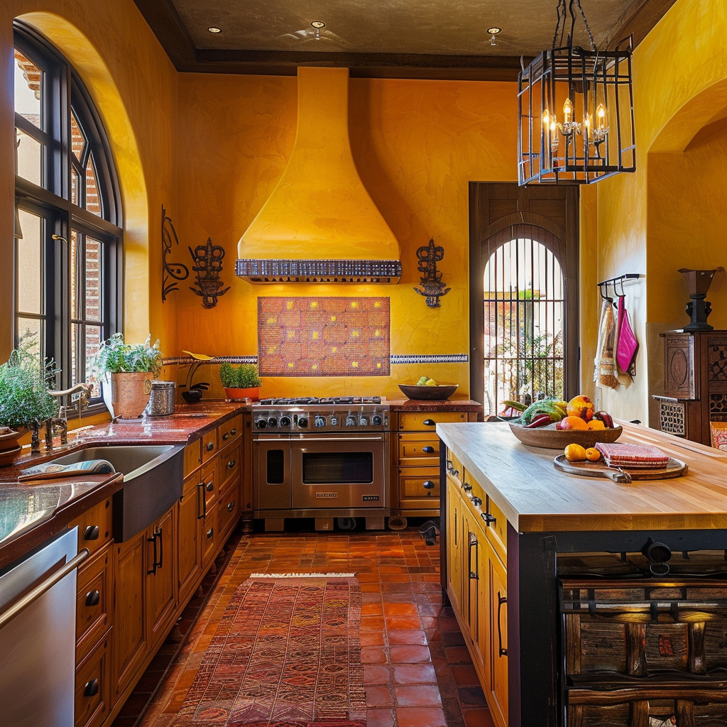 Vibrant Mediterranean-inspired kitchen showcasing sun-kissed yellow, fiery orange, and earthy red elements