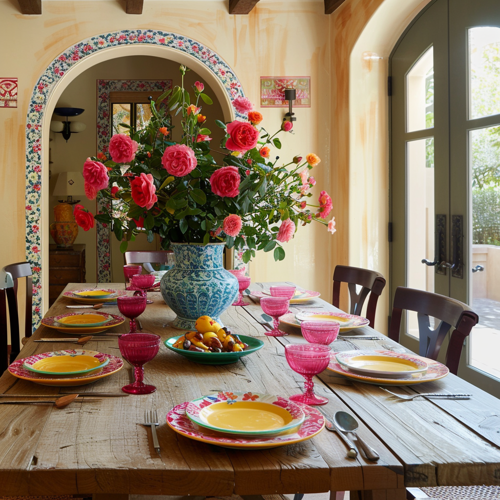 Vibrant Mediterranean dining room with understated beige, a wooden table, and striking fuchsia and yellow details