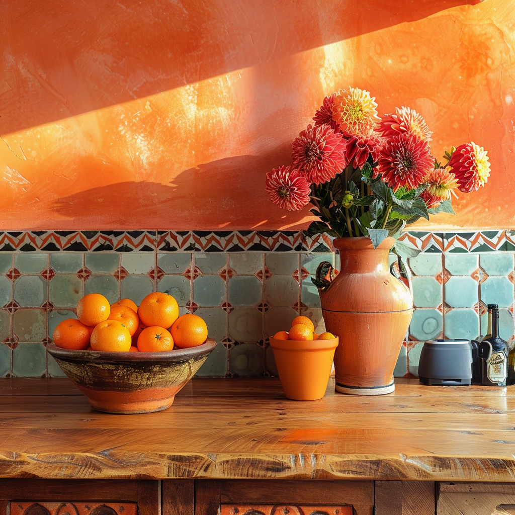 Vibrant Mediterranean kitchen featuring warm coral walls, tangerine tile accents, wood countertops, fresh oranges, and coral-hued dahlias