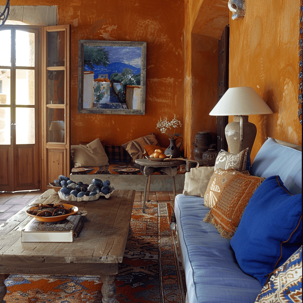 Vibrant Mediterranean living room featuring a palette of blue white terracotta and olive