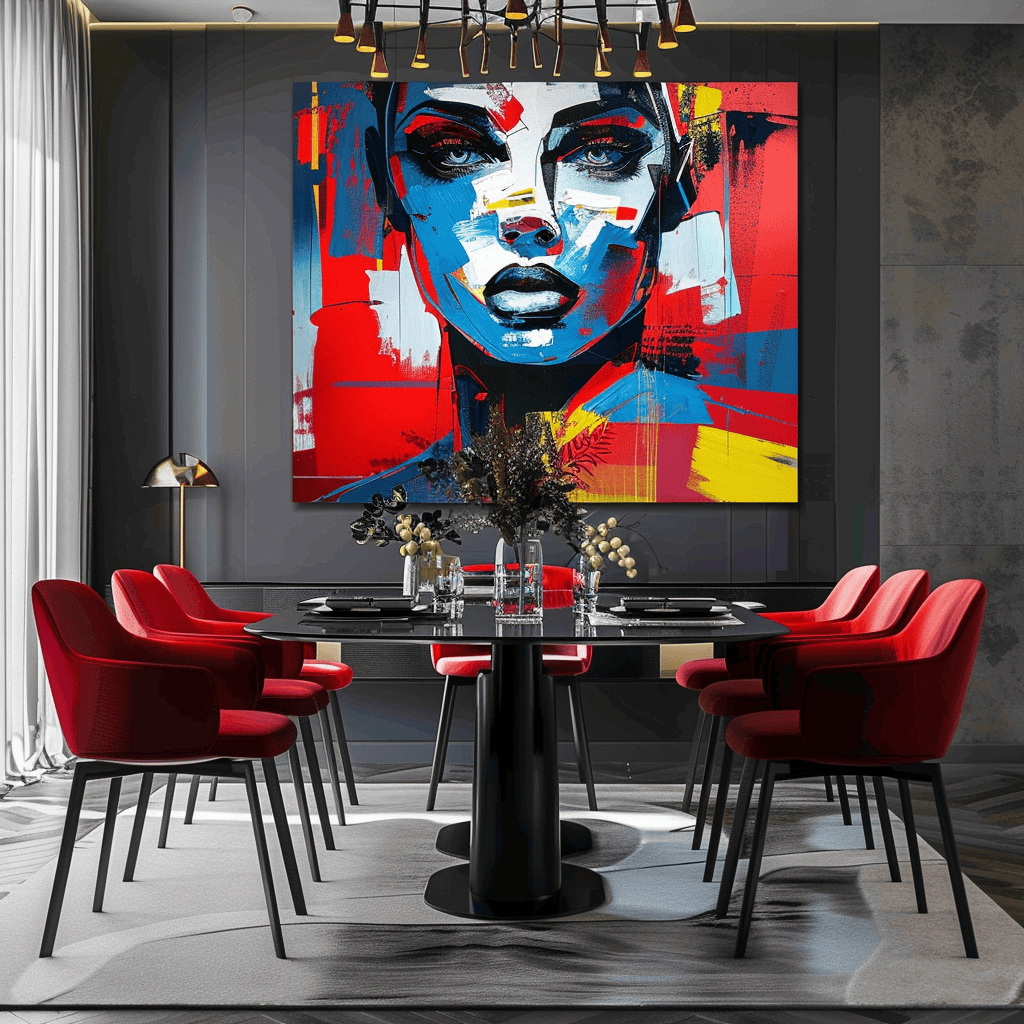 Vibrant artwork, statement pieces, and bold accent colors infuse this modern dining room with energy and personality, making it a truly memorable space