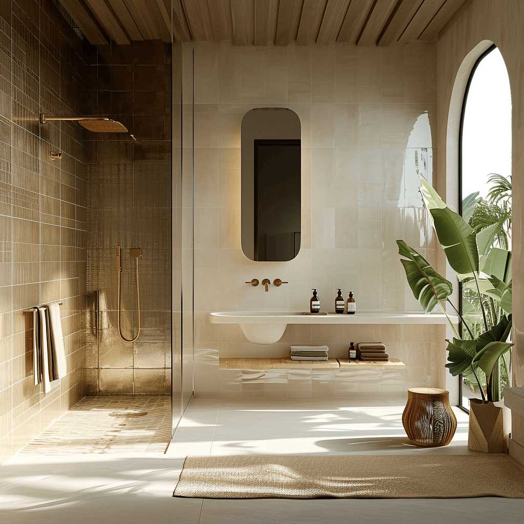 Vibrant boho bathroom with patterned tiles and brass tapware