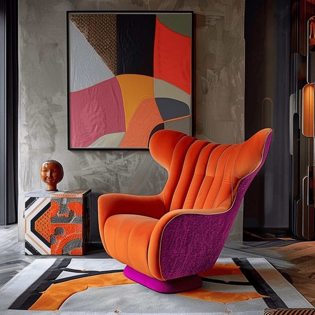 Vibrant fuchsia accent chair paired with futuristic lighting and decor