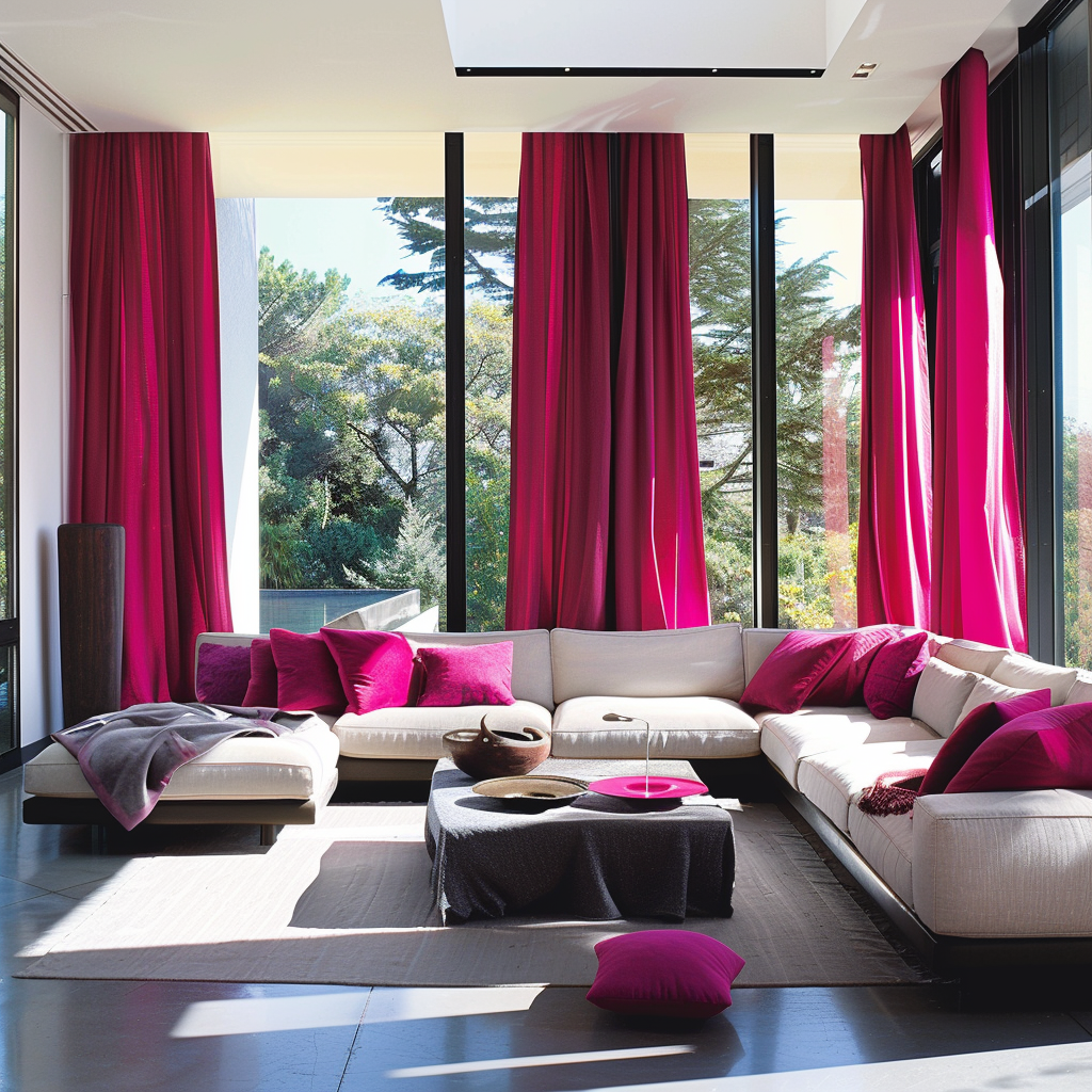 Vibrant fuchsia curtains drape floor-to-ceiling windows in a modern living room with crisp white walls, creating a bold and energetic atmosphere2