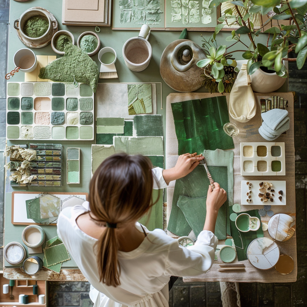 Vibrant green color palette featuring paint swatches ceramics and decorative items for a lively and energetic home decor