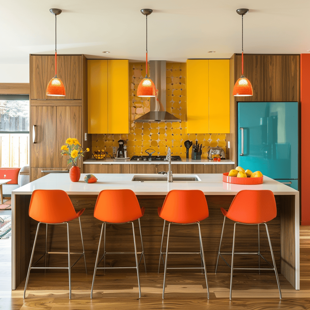 Vibrant mid-century modern kitchen with bold pops of color against a backdrop of sophisticated neutrals and natural wood tones3