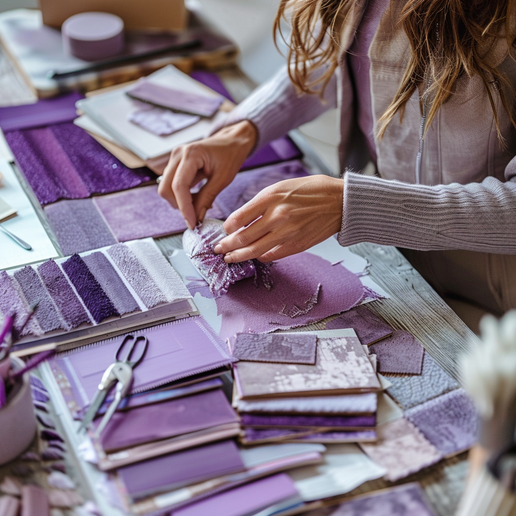 Vibrant purple color palette with fabric swatches painted feature walls and decorative lamps for a bold and creative home design