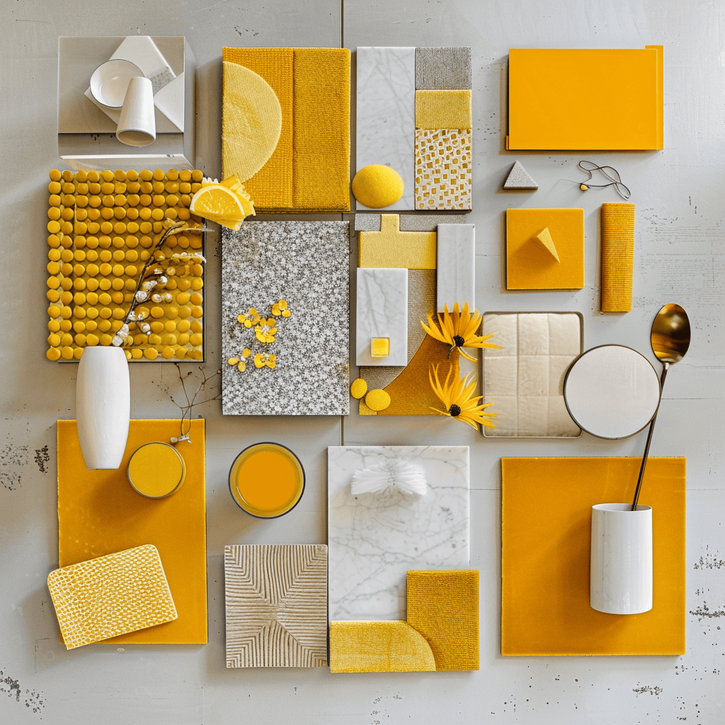 Vibrant yellow color palette moodboard, showcasing variations from pale daffodil to rich mustard, perfect for a lively and inviting space