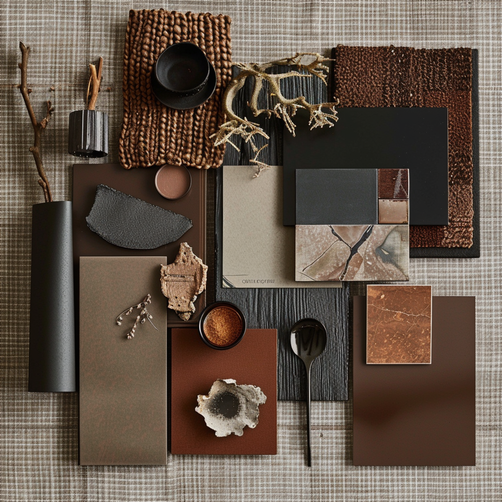 Victorian-inspired moodboard featuring various shades of deep earthy browns, capturing the essence of timeless sophistication and warmth