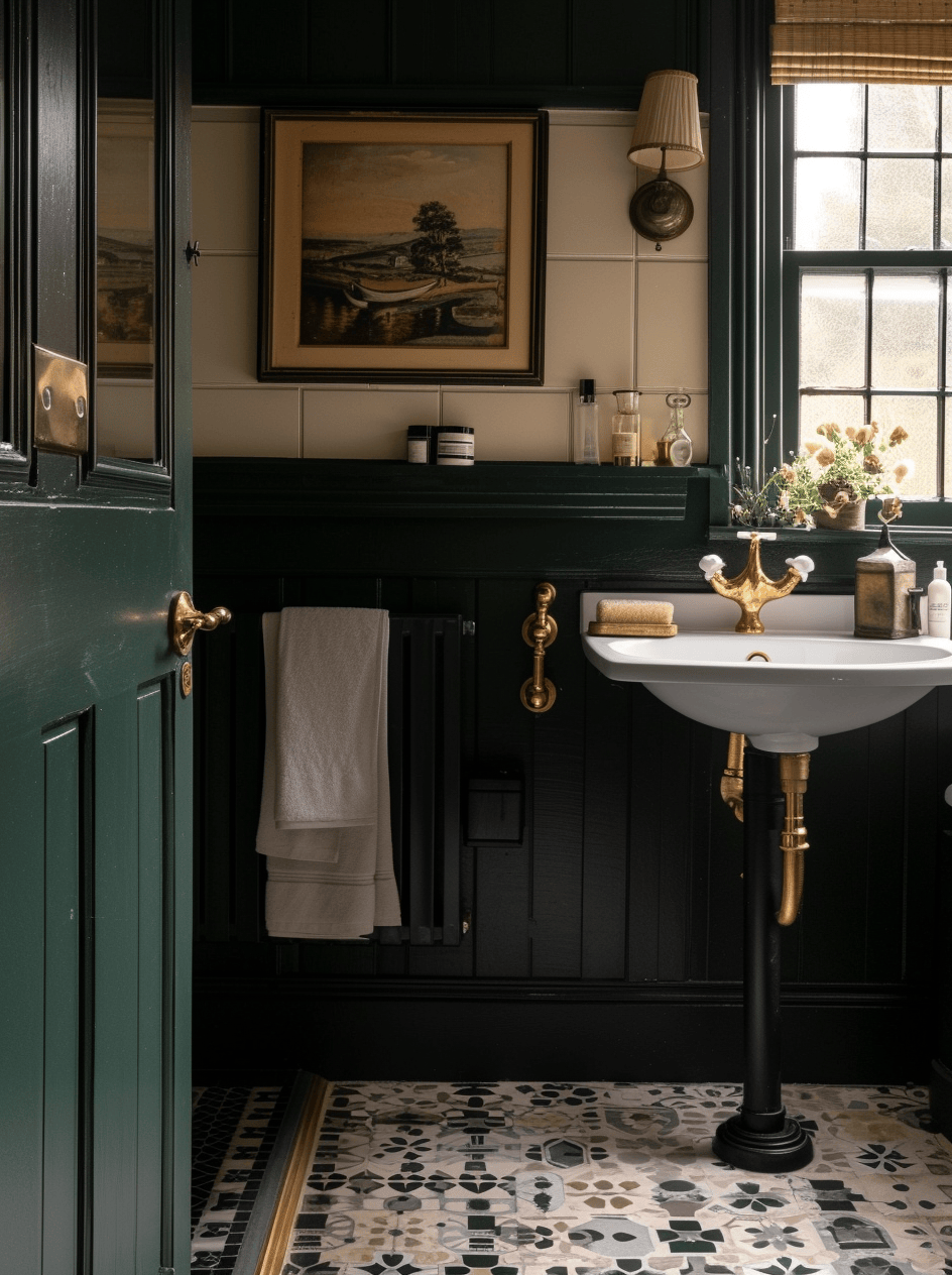 Victorian bathroom design with a traditional pedestal sink and brass faucets