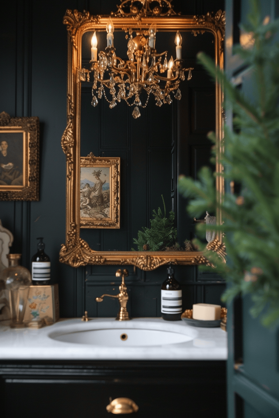 Victorian bathroom draped in patterned fabrics for windows and shower curtains