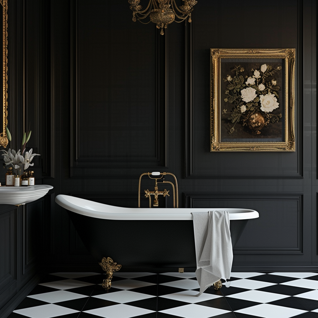 Victorian bathroom elegance underlined by a ceiling-mounted chandelier