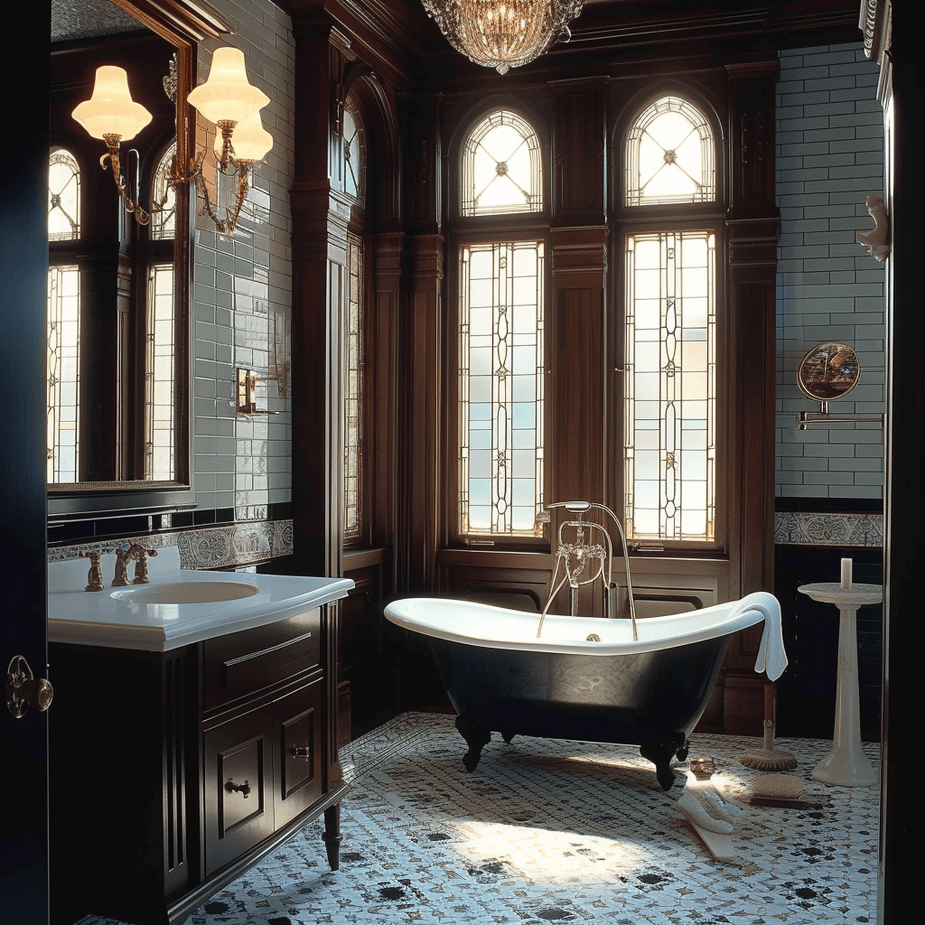 Victorian bathroom furnished with an antique wooden stool or chair