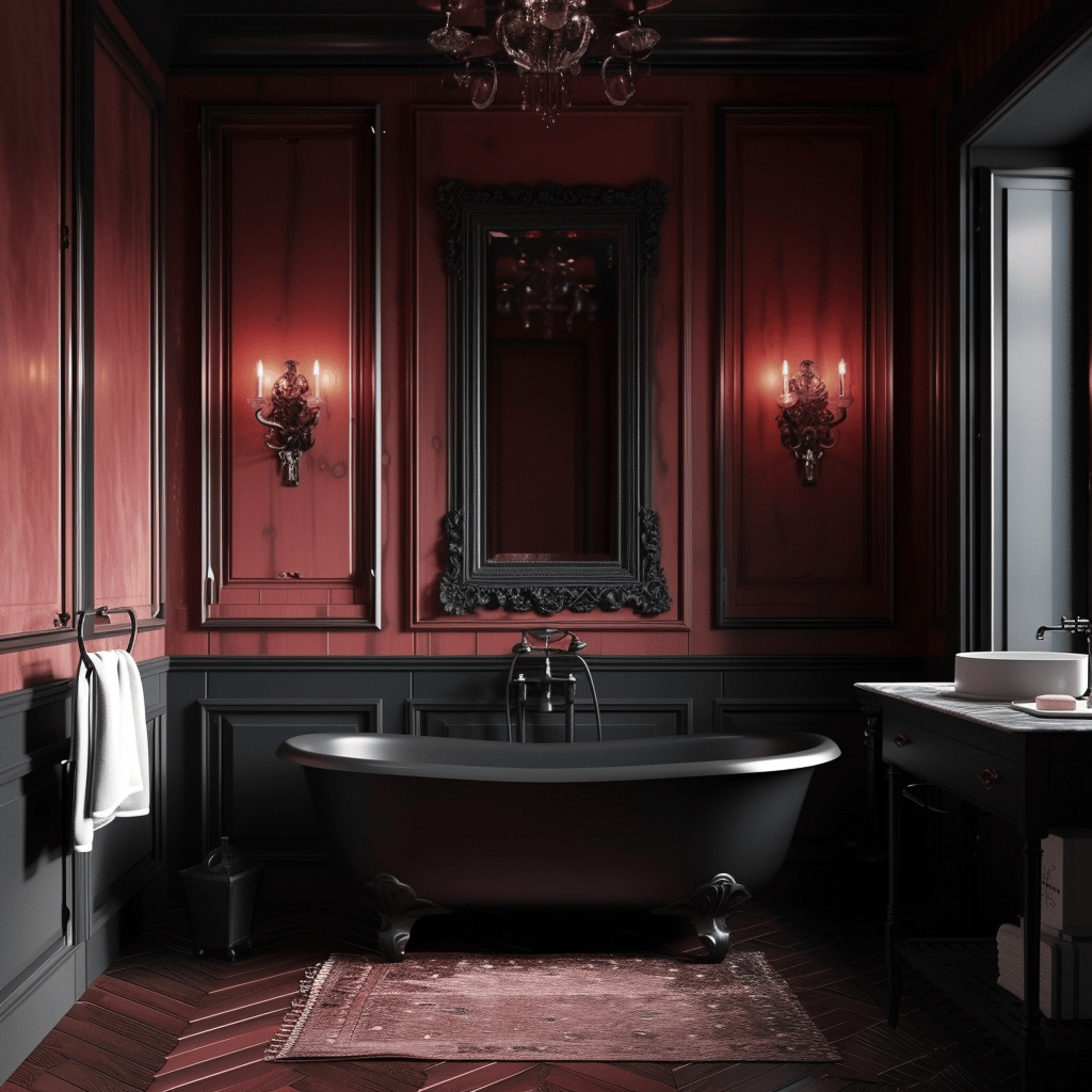Victorian bathroom lit by wall sconces with brass and glass shades