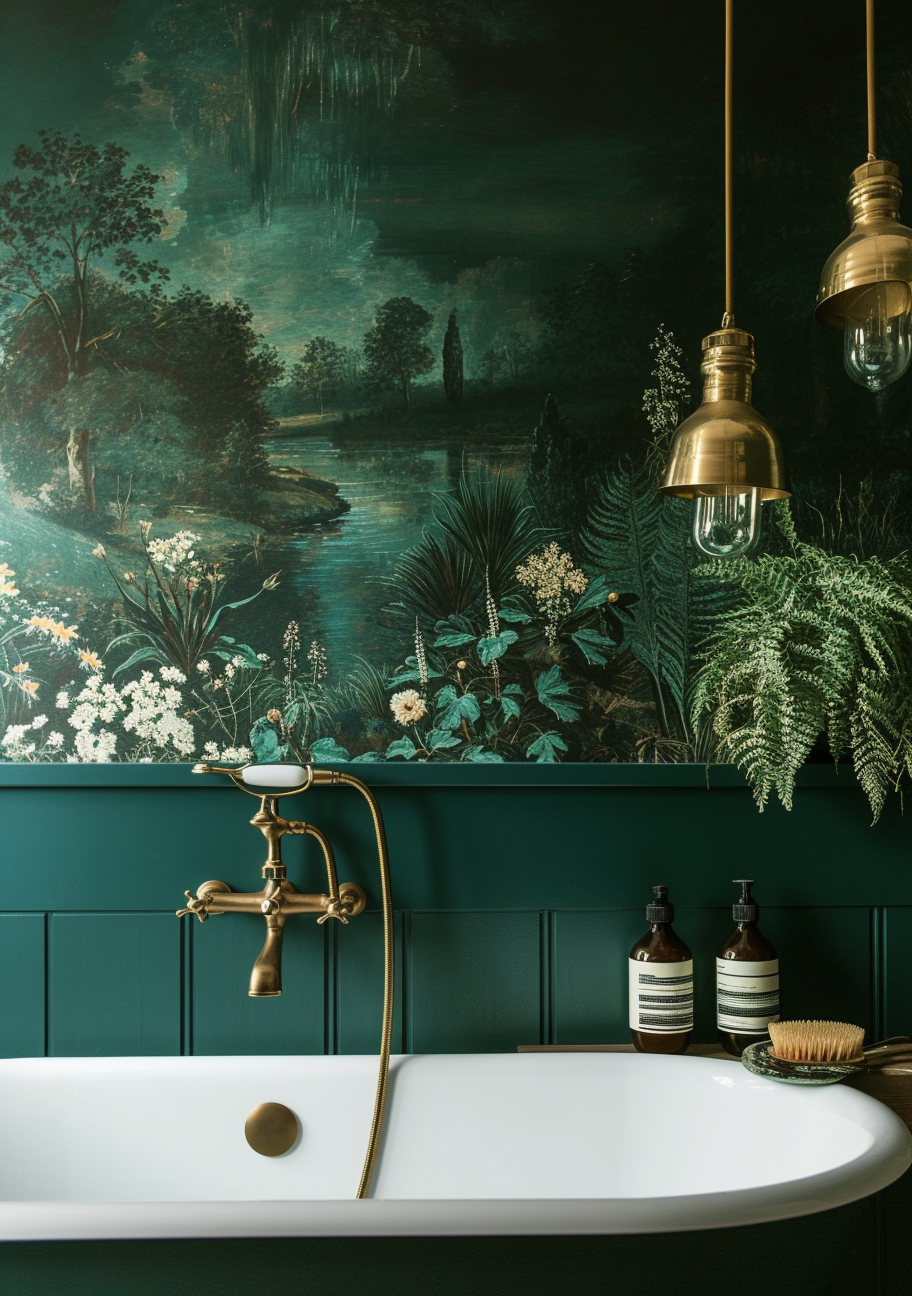 Victorian bathroom's over-the-sink shelf, a blend of wood or brass