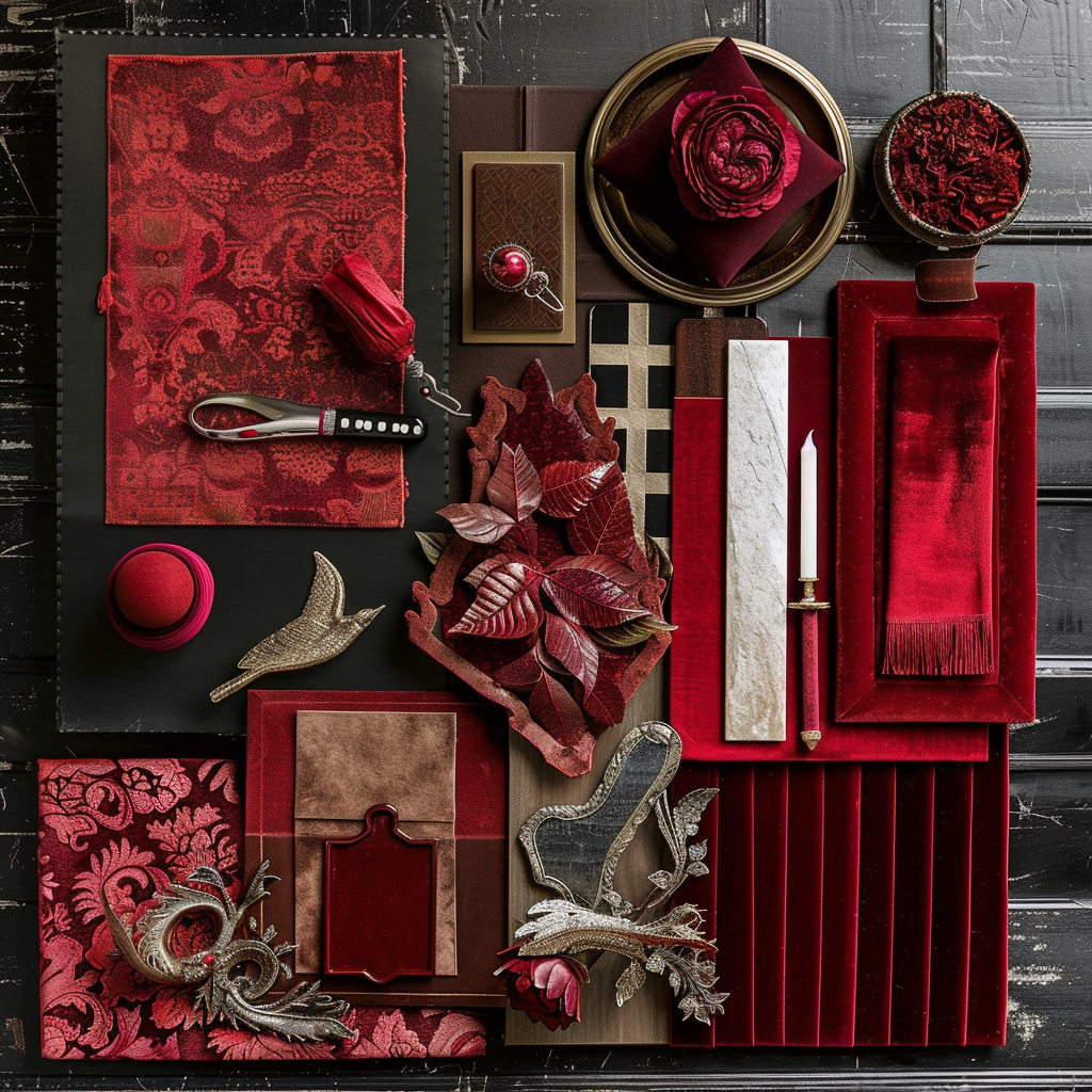 Victorian color palette moodboard featuring deep red tones, embodying warmth and opulence for classic interiors