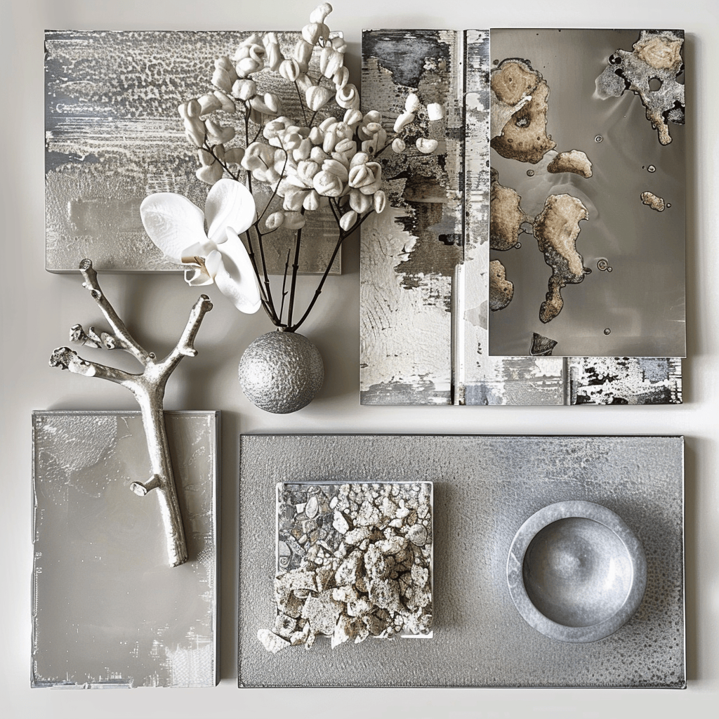 Victorian color palette moodboard highlighting metallic shades with accents in gold and silver for luxurious decor inspiration