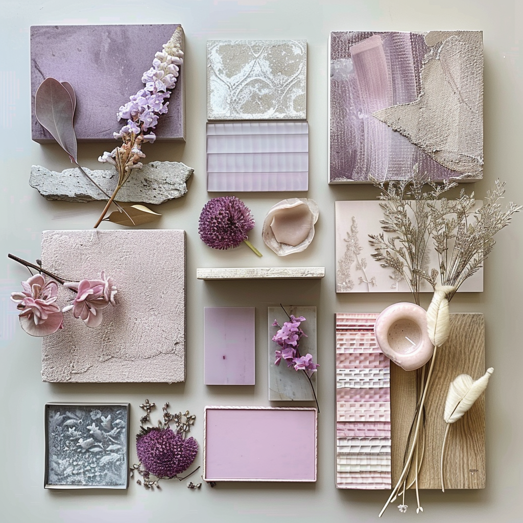 Victorian color palette moodboard with lavender and mauve hues, showcasing their use in elegant interior designs