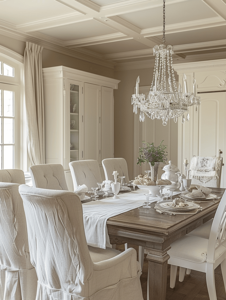 Victorian dining room decorated with framed oil paintings of landscapes, adding a touch of history