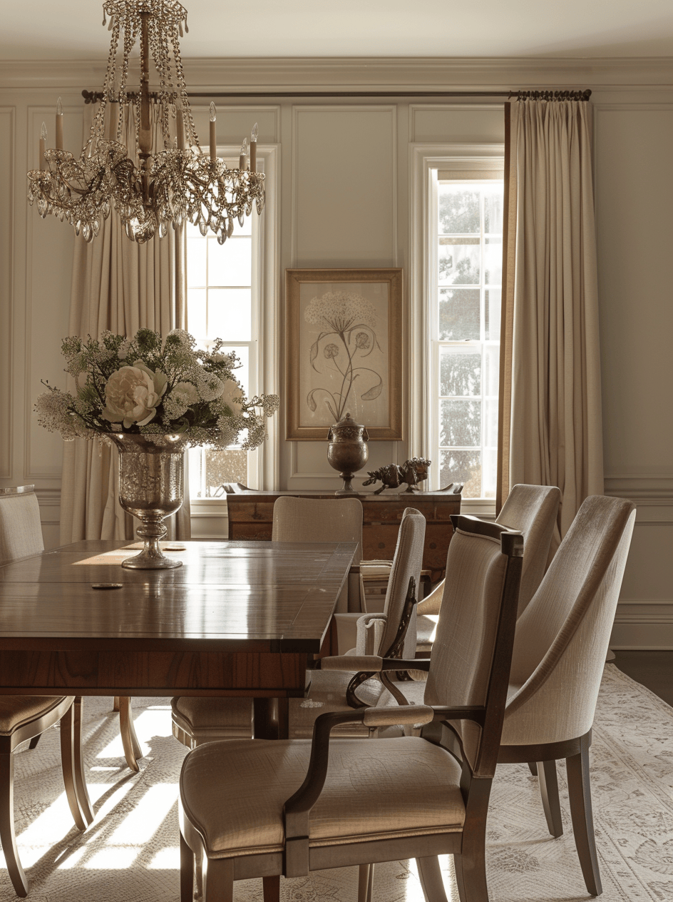 Victorian sideboard in dark wood, storing linens and silverware, enhancing the dining room's decor