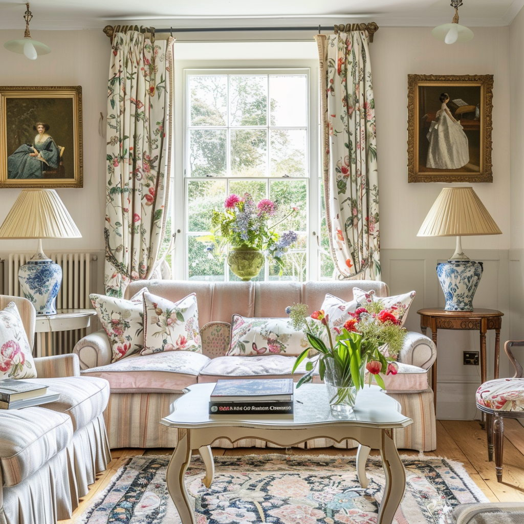 Vintage-inspired floral print curtains in soft pastel hues add a timeless charm to a living room filled with antique furniture4
