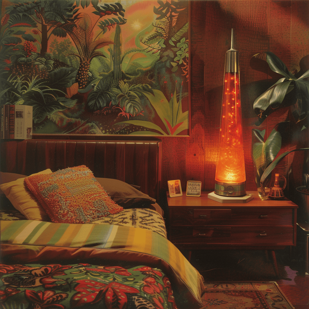 Vintage 1970s bedroom decor featuring a lava lamp, embodying the era's fascination with dynamic, flowing shapes