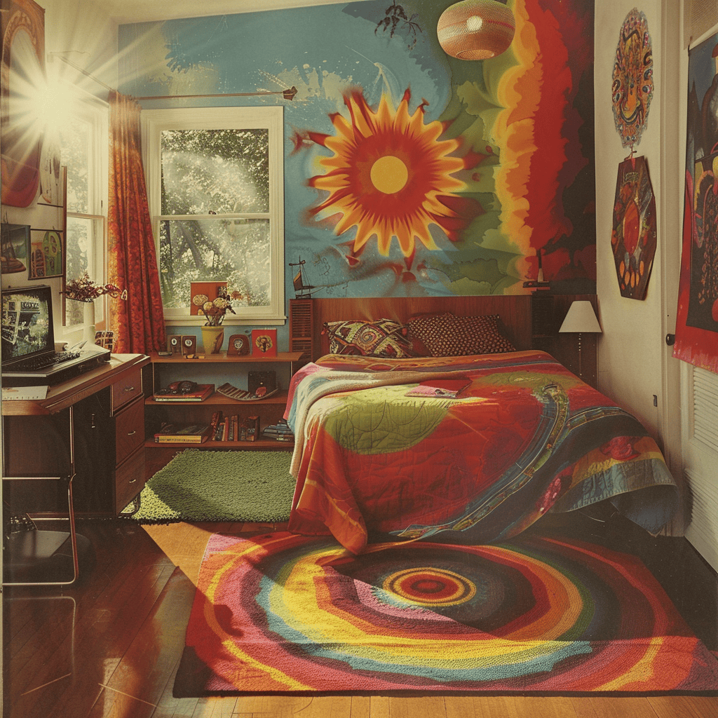 Vintage 1970s bedroom enhanced by bold psychedelic posters, adding a touch of artistic rebellion and vibrant visuals