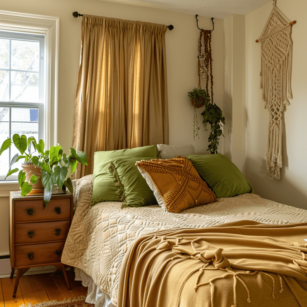 Vintage 70s sunroom with avocado green wicker furniture and rustic accents