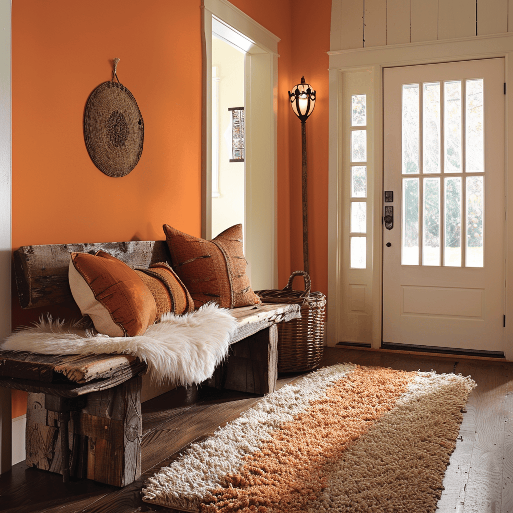 Vintage bedroom featuring sunny orange bedding and rustic wood accents