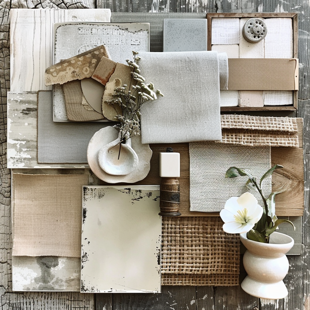 Visual brainstorming with mood boards that fuse rustic charm with modern elegance for home interiors