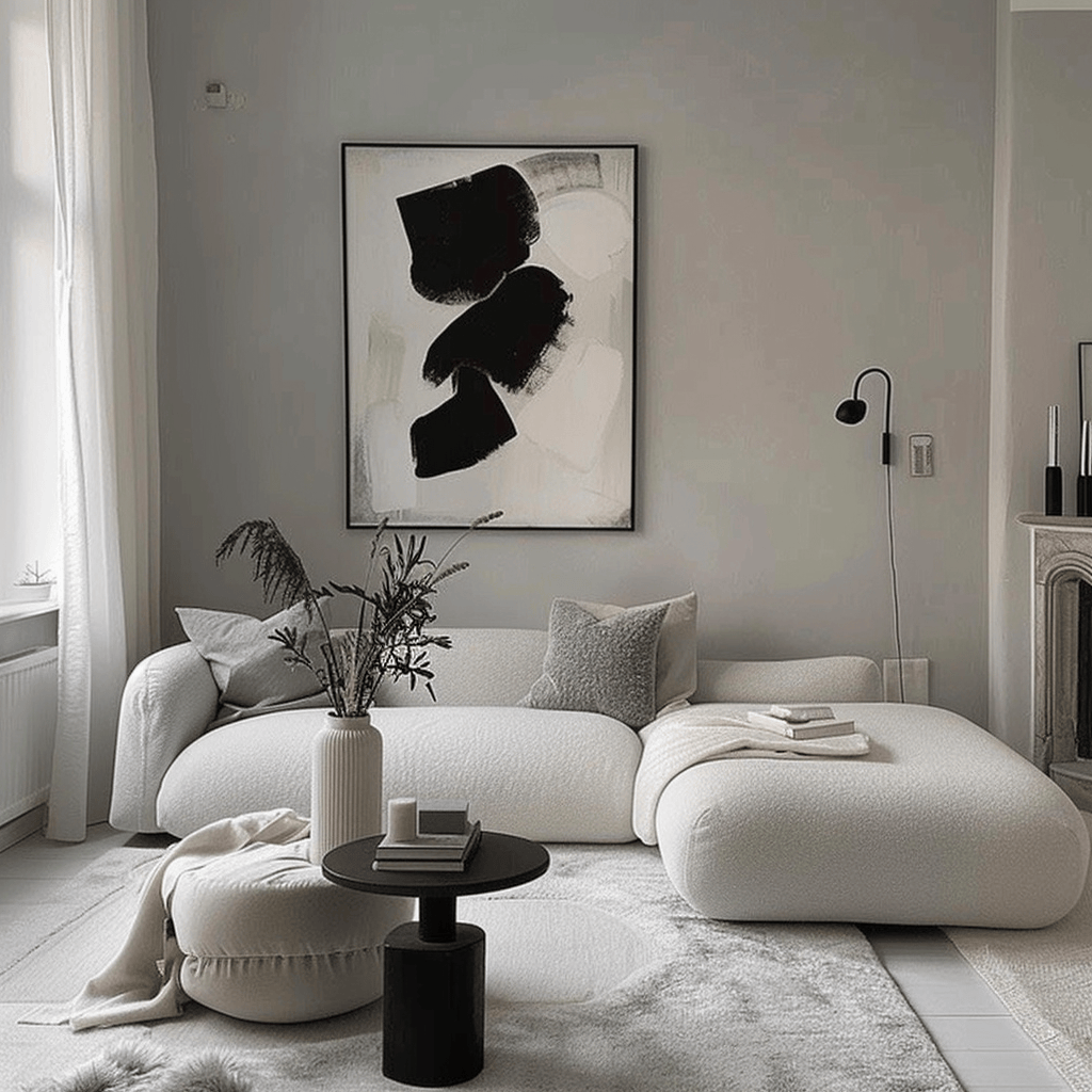 Visual interest in a Scandinavian living room through monochromatic grays and abstract art